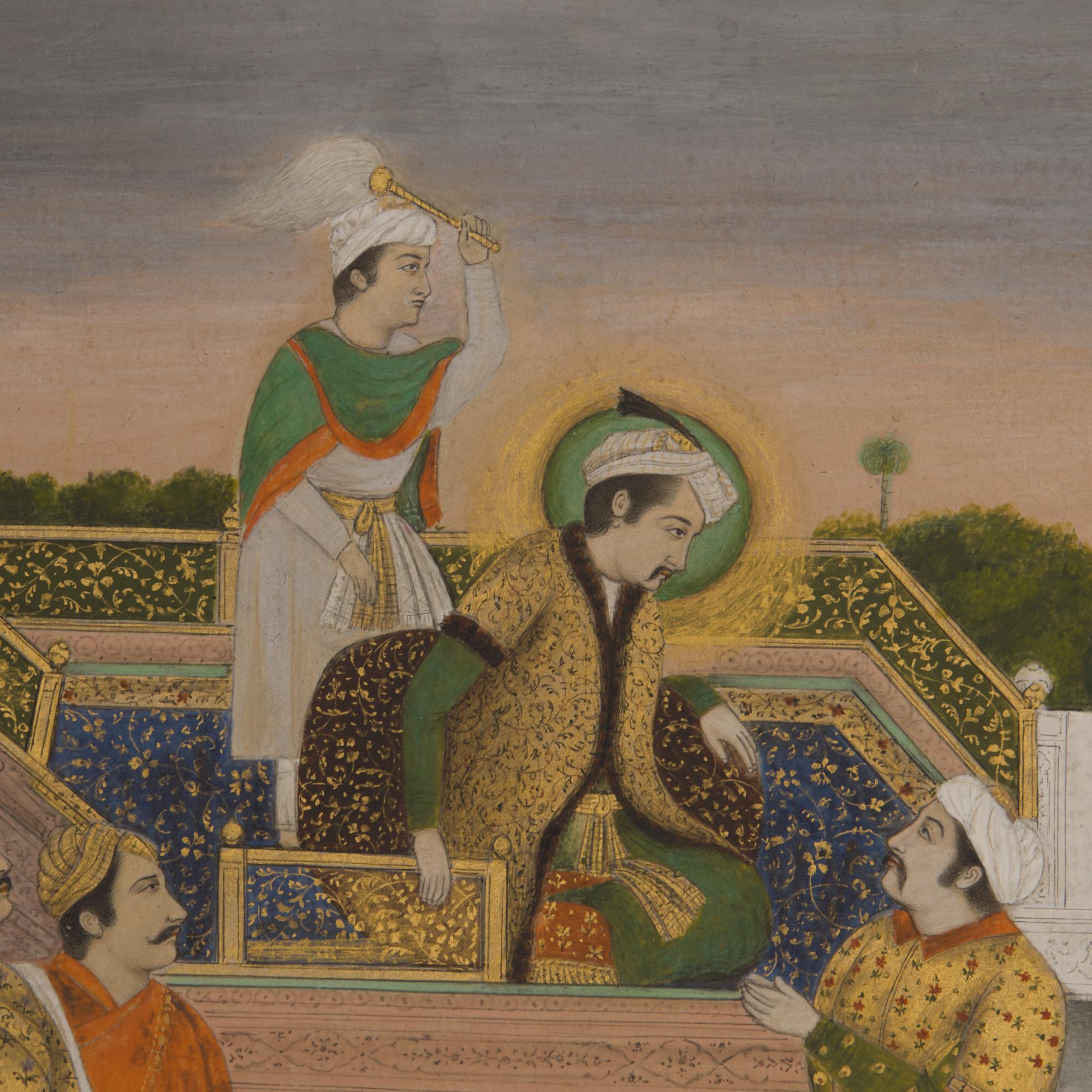 A Fine Mughal School Folio Painting of Emperor Jahangir with Four Courtiers, India, Lucknow, Uttar Pradesh or Delhi, First Half of 20th Century