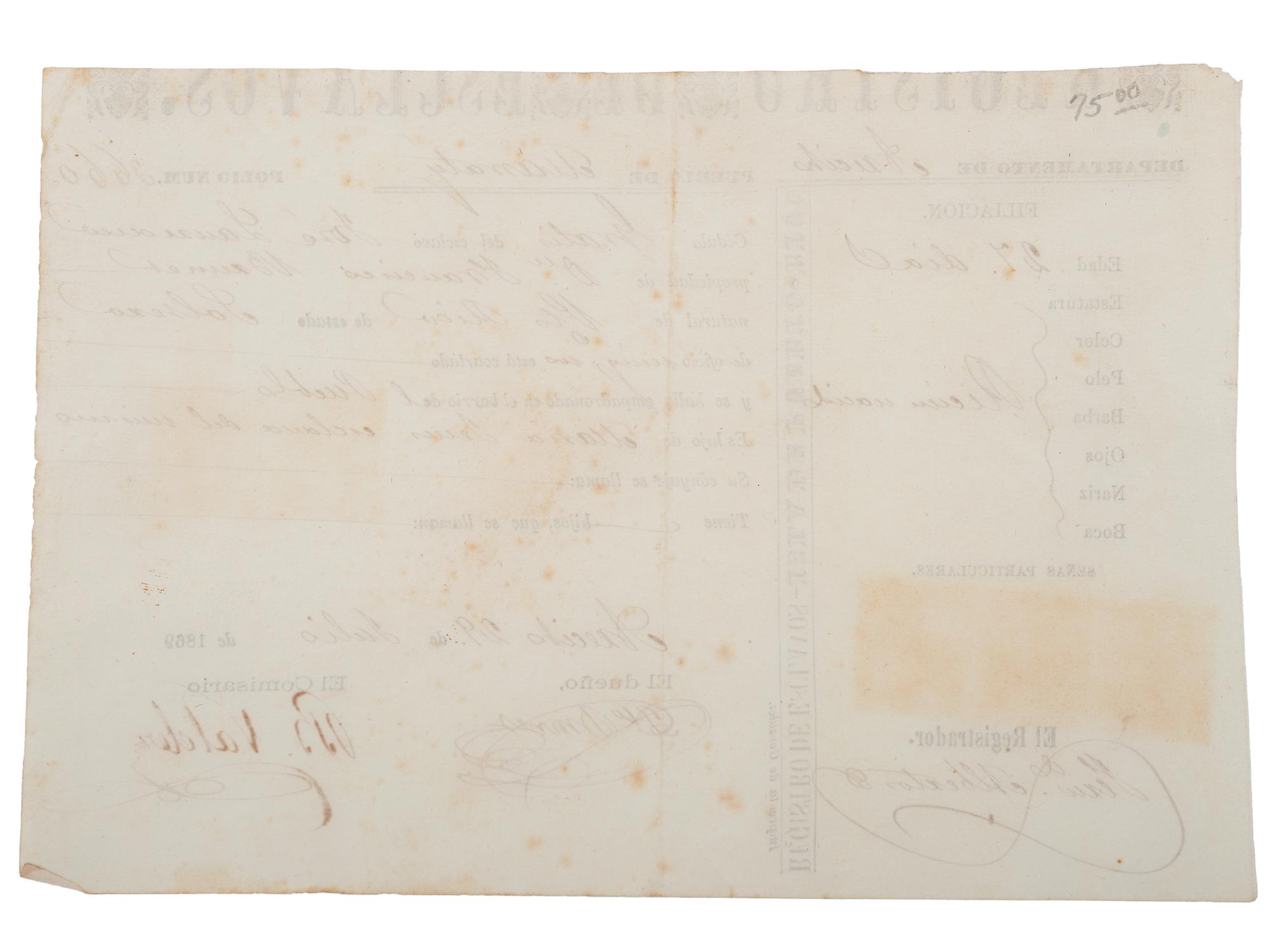 [SLAVERY & ABOLITION]. Partially printed Spanish-language "Registro de Esclavos," a Puerto Rican registration document for enslaved infant "José Laurence." 29 July 1869.