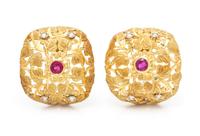 A Pair of 18 Karat Yellow Gold, Ruby and Diamond Earclips, 8.50 dwts.