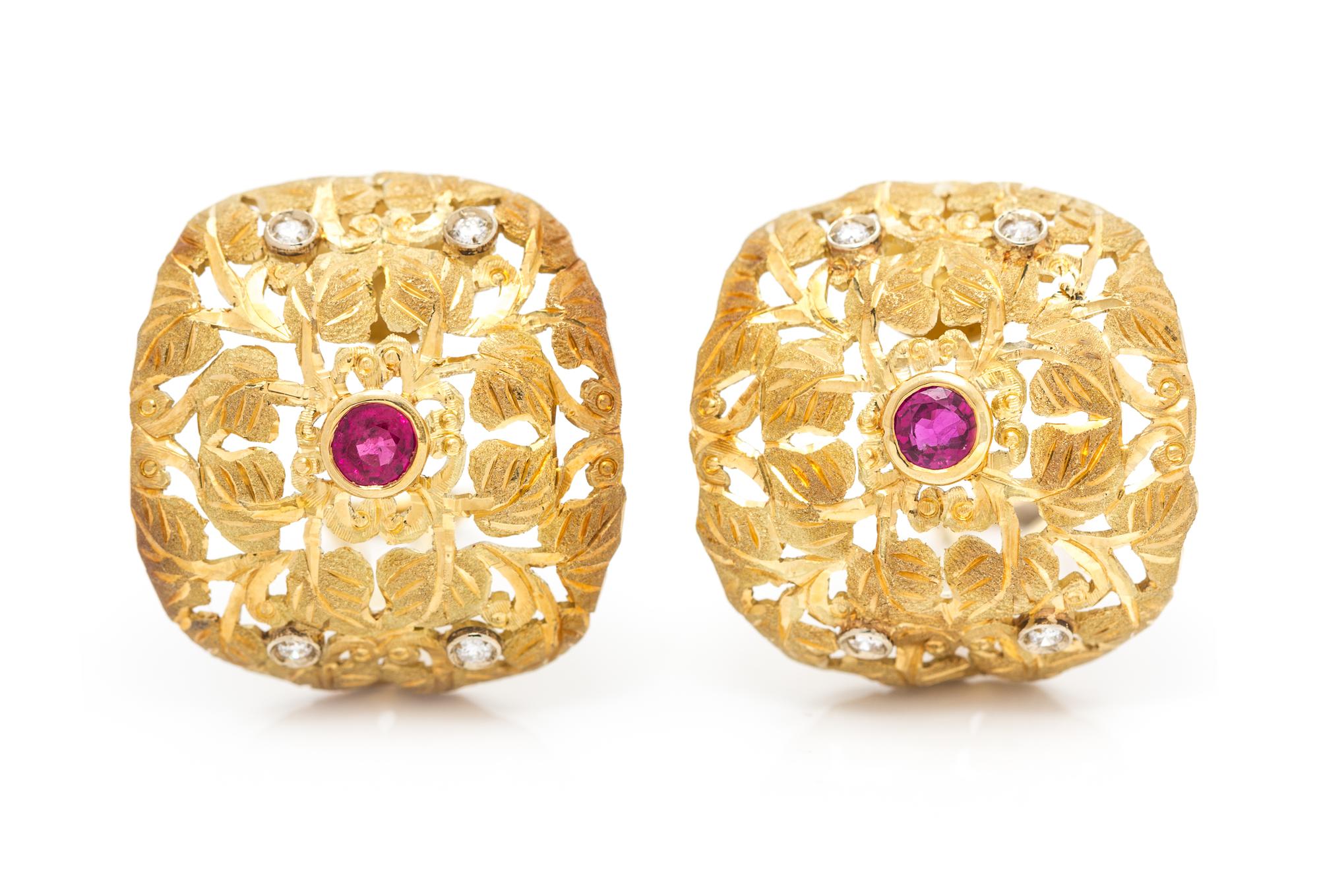 A Pair of 18 Karat Yellow Gold, Ruby and Diamond Earclips, 8.50 dwts.