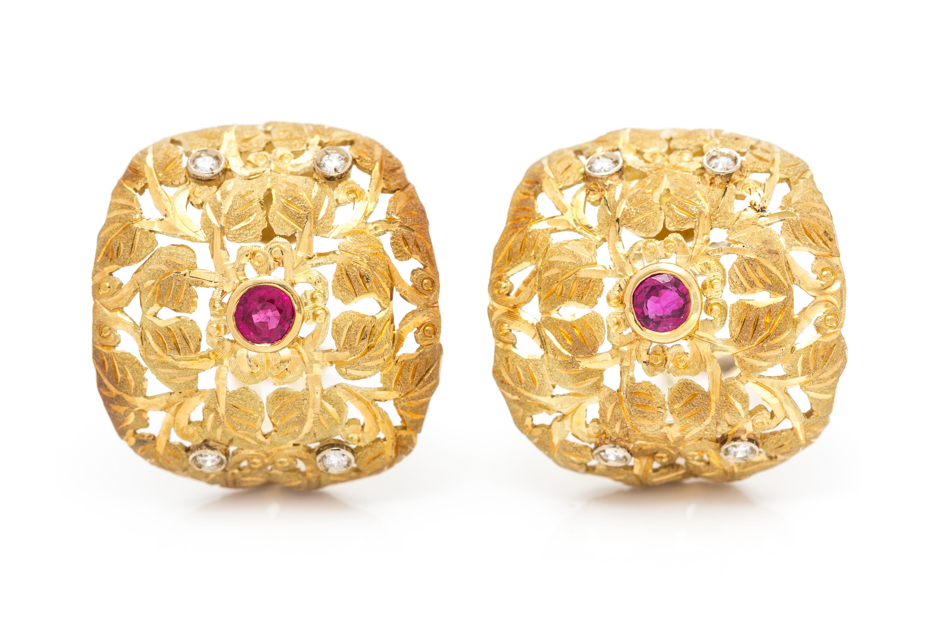 A Pair of 18 Karat Yellow Gold, Ruby and Diamond Earclips, 8.50 dwts.