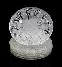 A Set of Six Art Deco Molded and Frosted Glass Dessert Plates Diameter 8 1/4 inches — FIRST HALF 20TH CENTURY