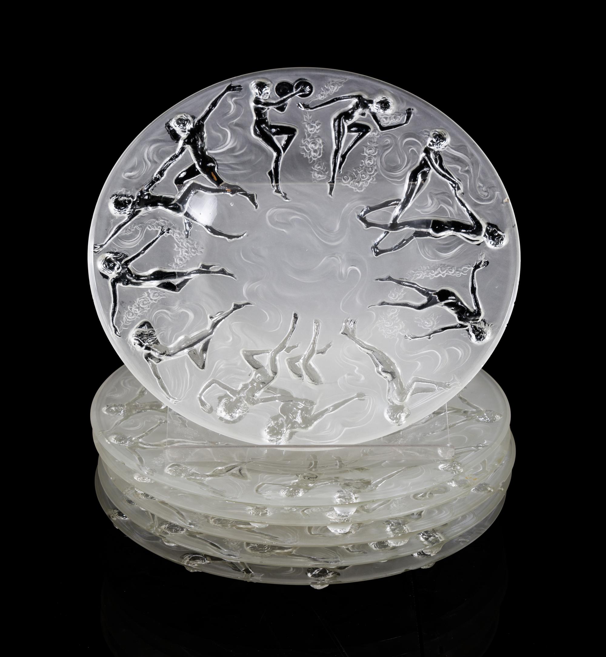 A Set of Six Art Deco Molded and Frosted Glass Dessert Plates Diameter 8 1/4 inches — FIRST HALF 20TH CENTURY