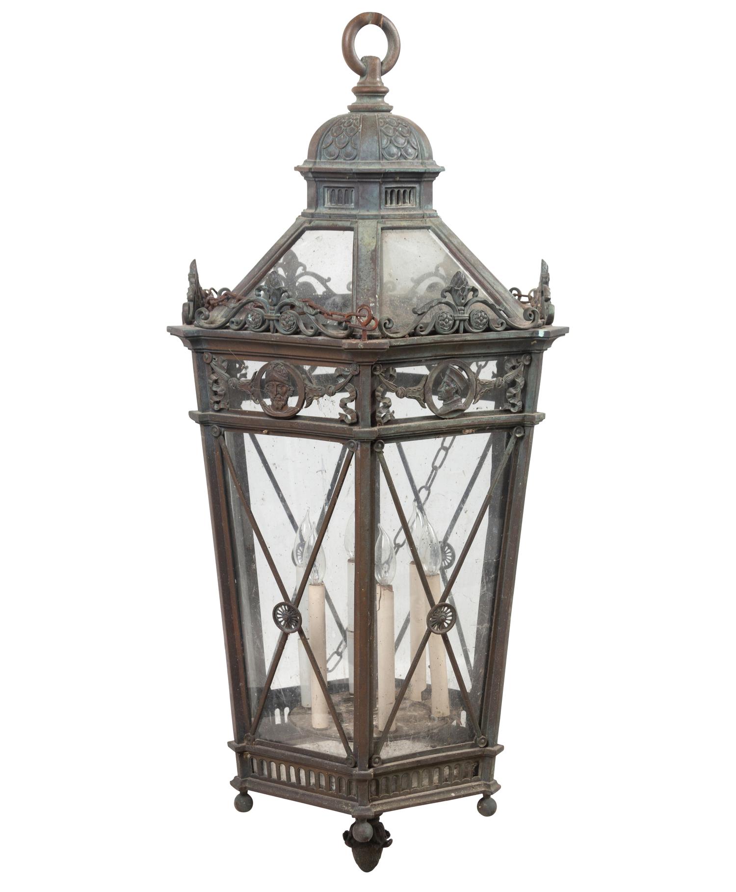 A Large Neoclassical Patinated Metal Hall Lantern