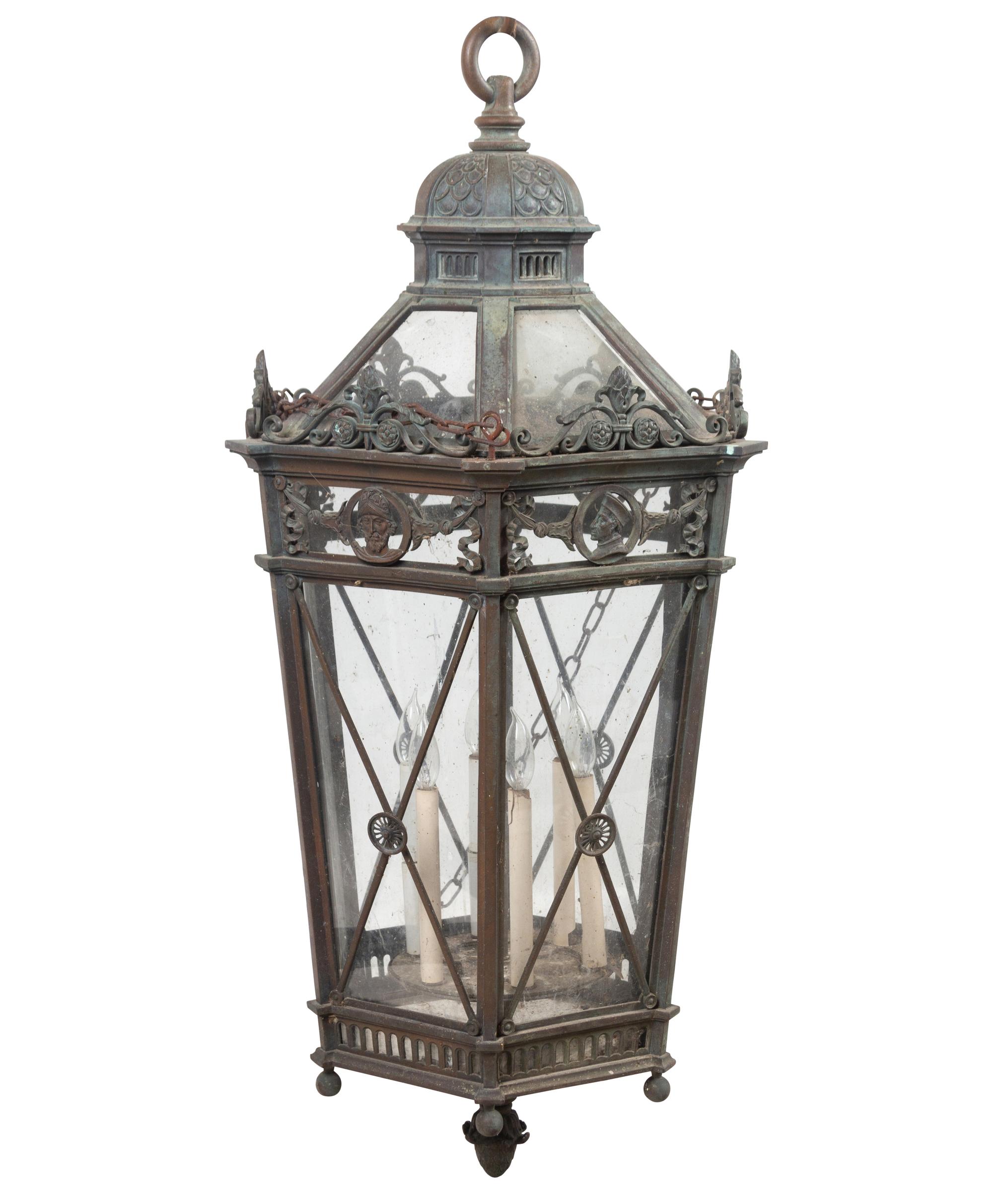 A Large Neoclassical Patinated Metal Hall Lantern