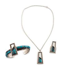 Silver and Cobblestone Inlay Cuff Bracelet, Pendant, AND Ring Suite