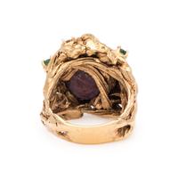 BRUTALIST, YELLOW GOLD, RUBY, DIAMOND AND EMERALD RING