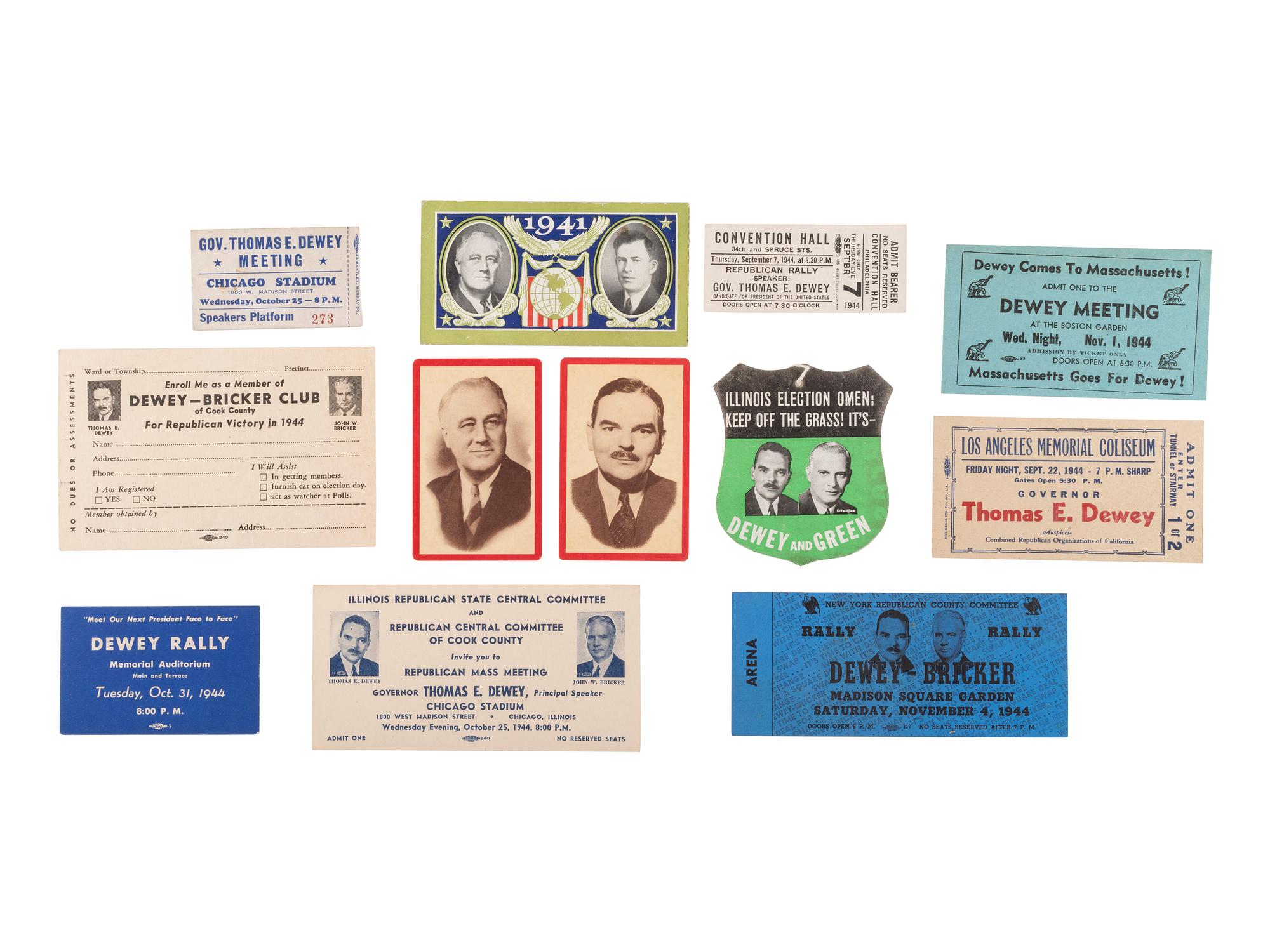 [DEWEY, Thomas (1902-1971)]. A group of 19 campaign pamphlets, tickets, and other ephemera, ca 1940-1944, including: