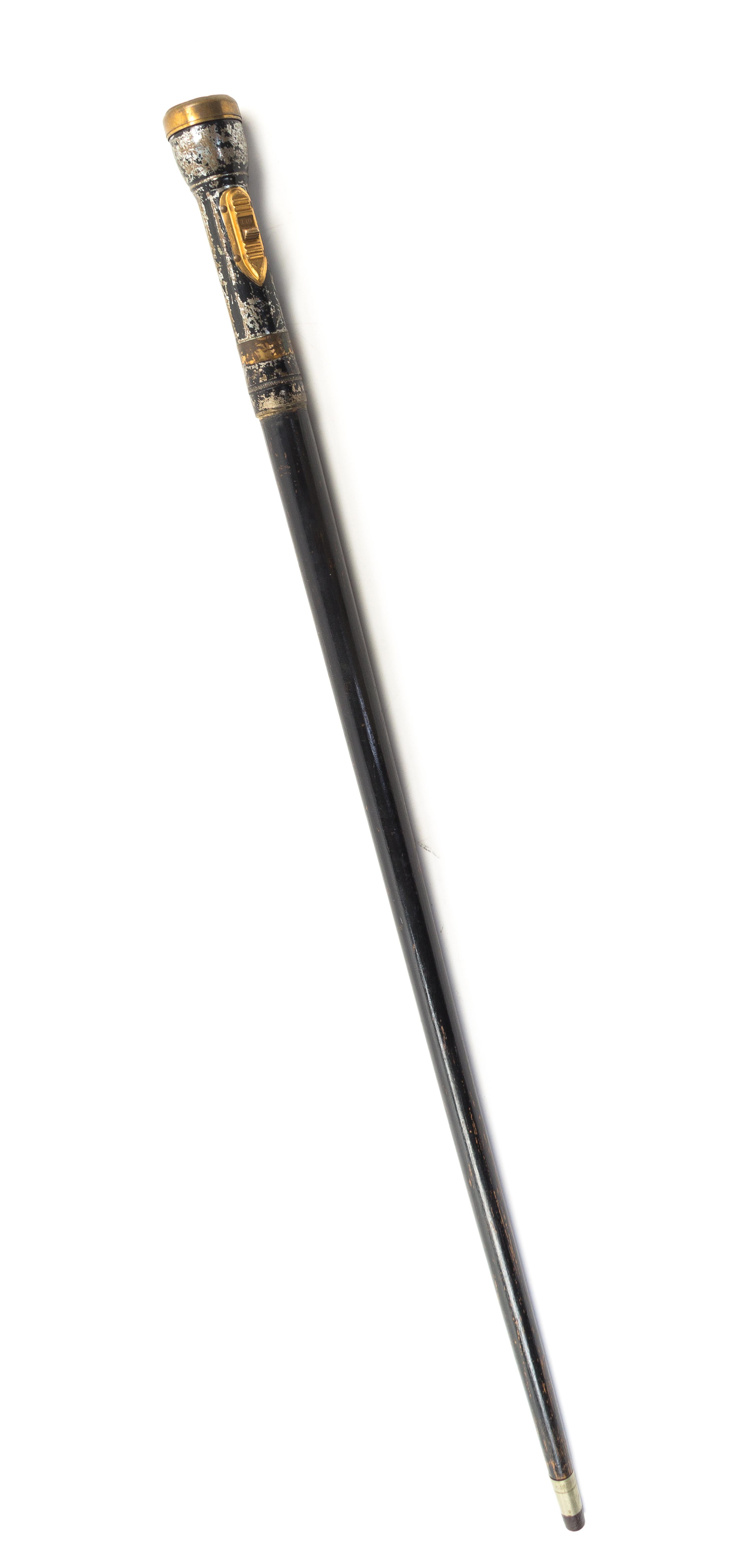 An American Metal and Ebonized Wood Flashlight Cane Length 35 inches.