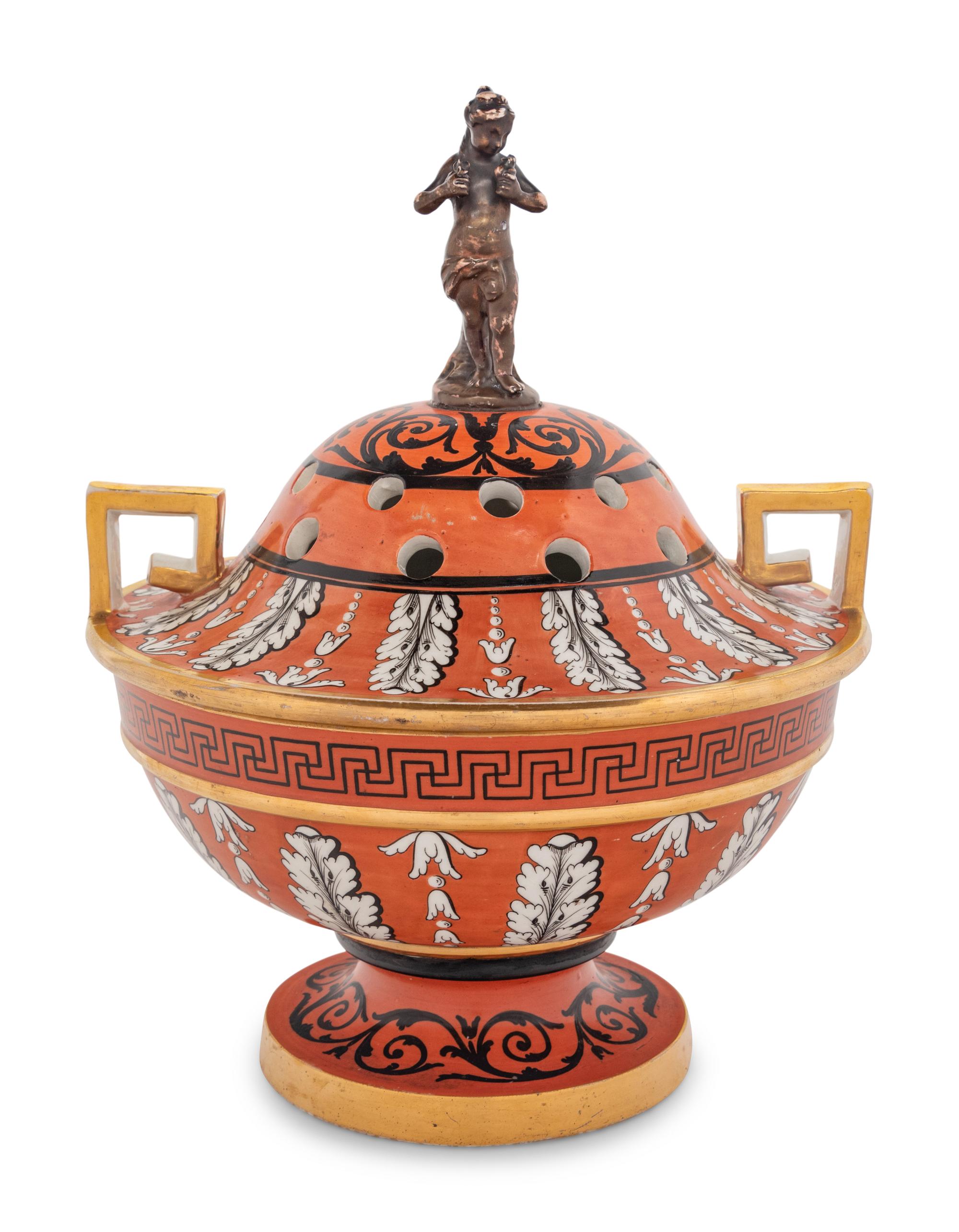 An English Neoclassical Orange-Ground Porcelain Potpourri Bowl and Cover