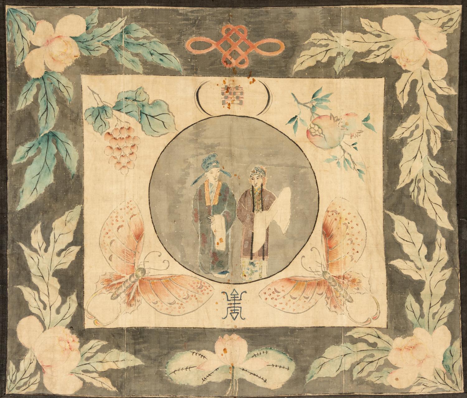 Four Chinese Painted Textile 'Wedding' Panels