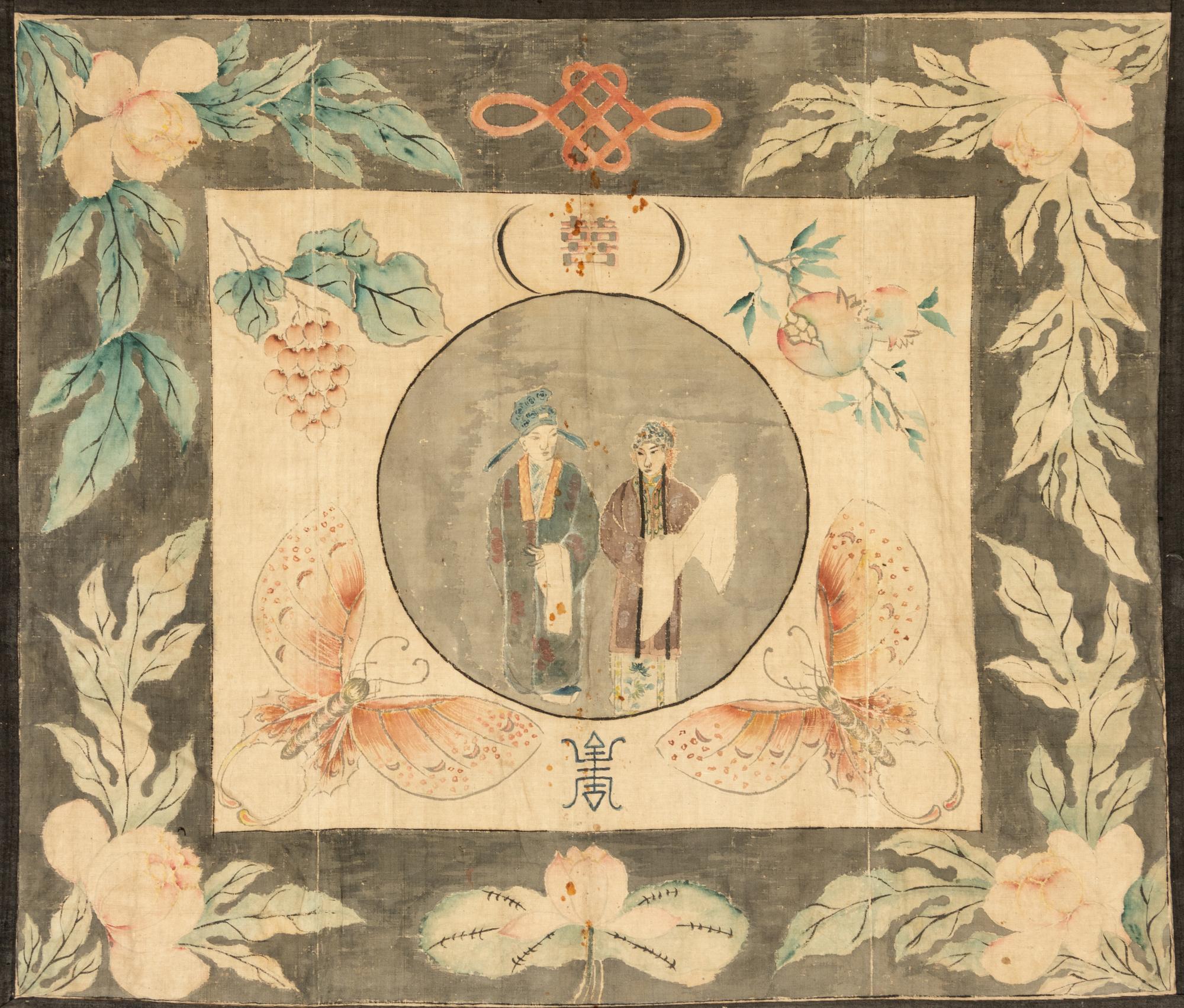 Four Chinese Painted Textile 'Wedding' Panels
