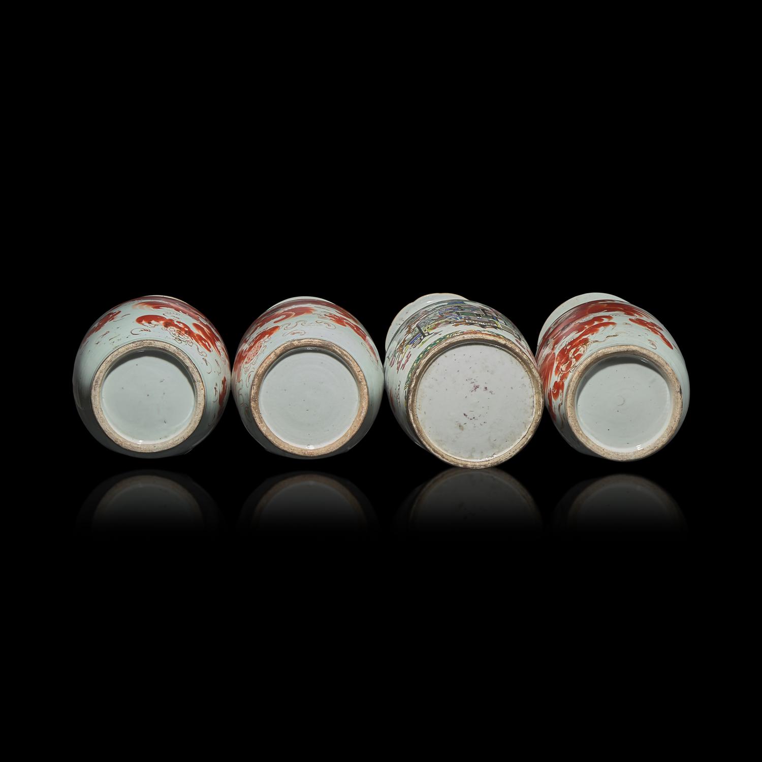 Four Chinese Iron Red Decorated 'Fu Lions' Porcelain Vases, 19th Century 清晚期 礬紅彩佛獅圖賞瓶四件