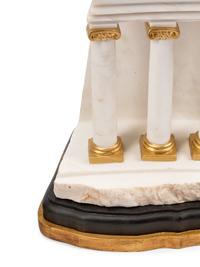 A Pair of Parcel Gilt Carved Carrara Marble Models of Ruins on Painted Wood Bases