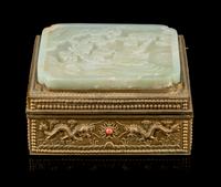 A Celadon Jade Inset Brass Box Length 5 5/8 inches. — JADE: 19TH CENTURY