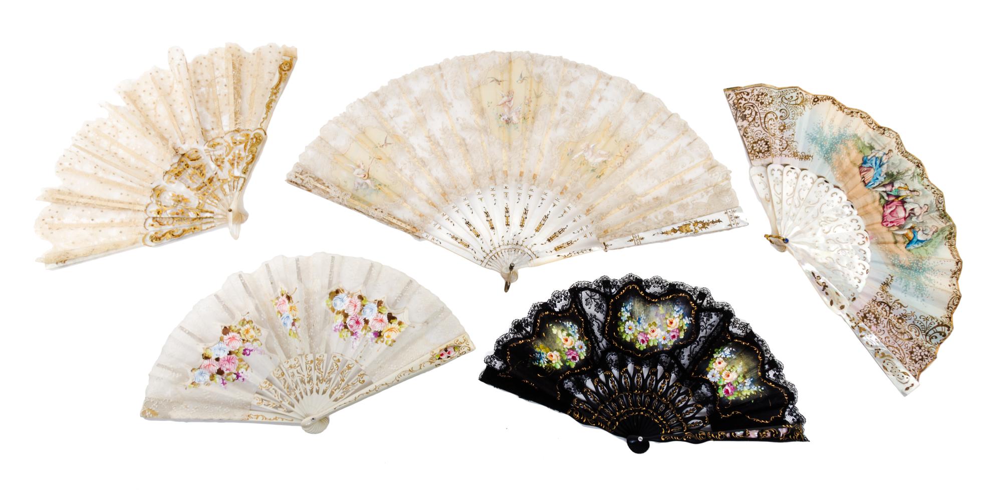 A Group of French Bone, Mother-of-Pearl, Paper and Lace Fans Width of first 20 1/4 inches. — 18TH/19TH CENTURY