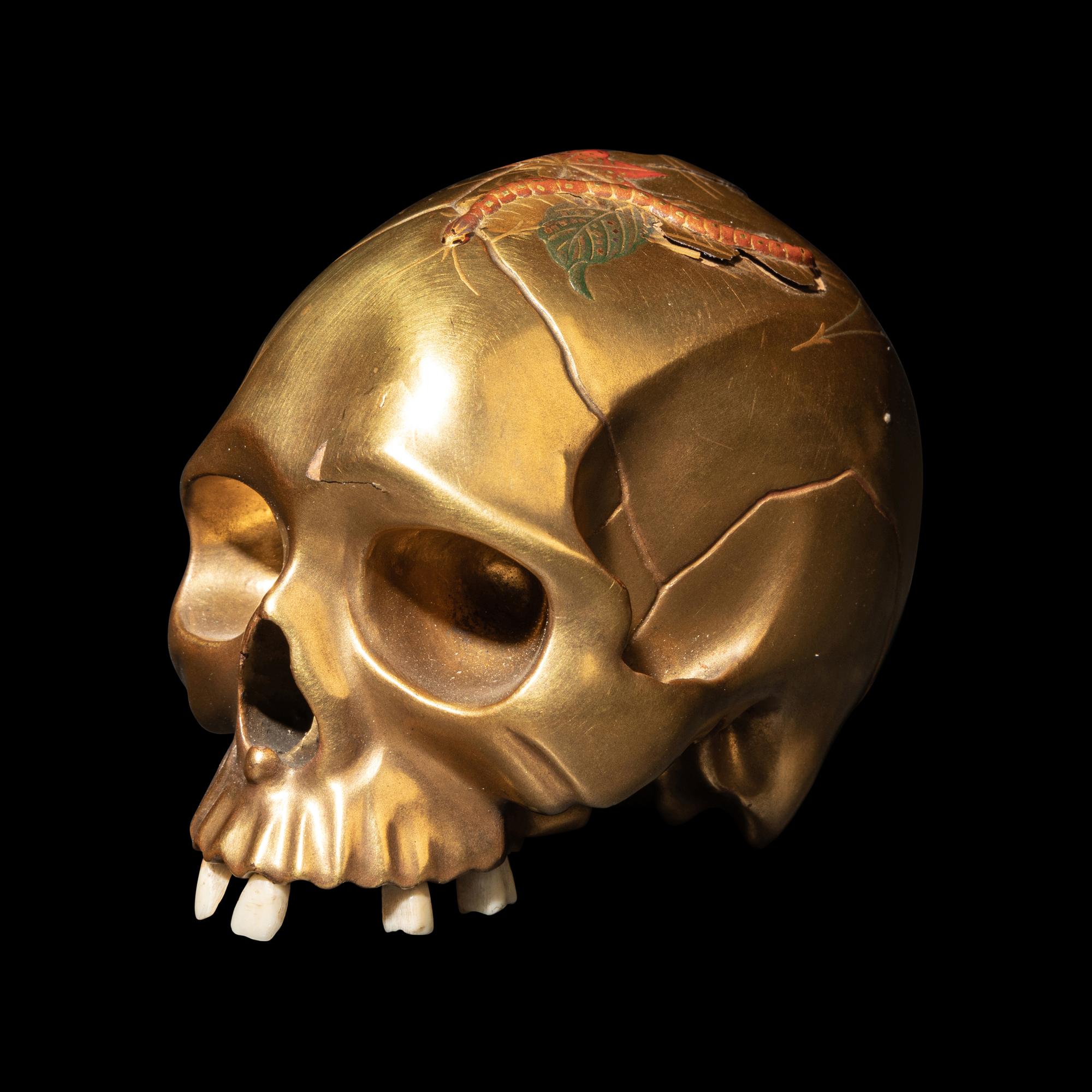 A Japanese Gold Lacquered Skull Okimono, Meiji Period, Meiji Period 日本明治時代 '溪崖'款頭骨式置物