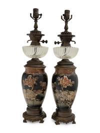 A Pair of Japanese or Continental Porcelain Fluid Lamps Converted to Electricity