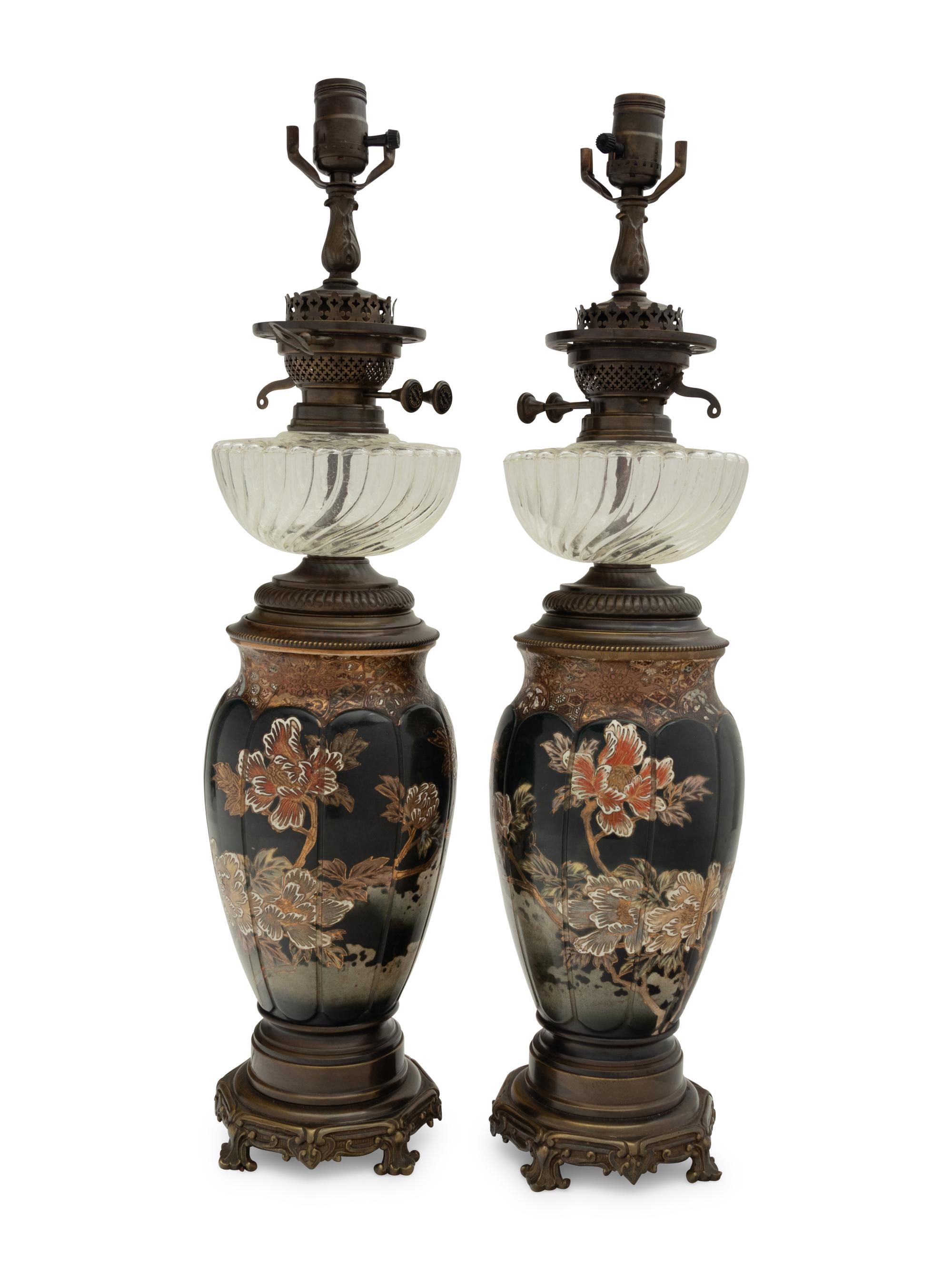 A Pair of Japanese or Continental Porcelain Fluid Lamps Converted to Electricity
