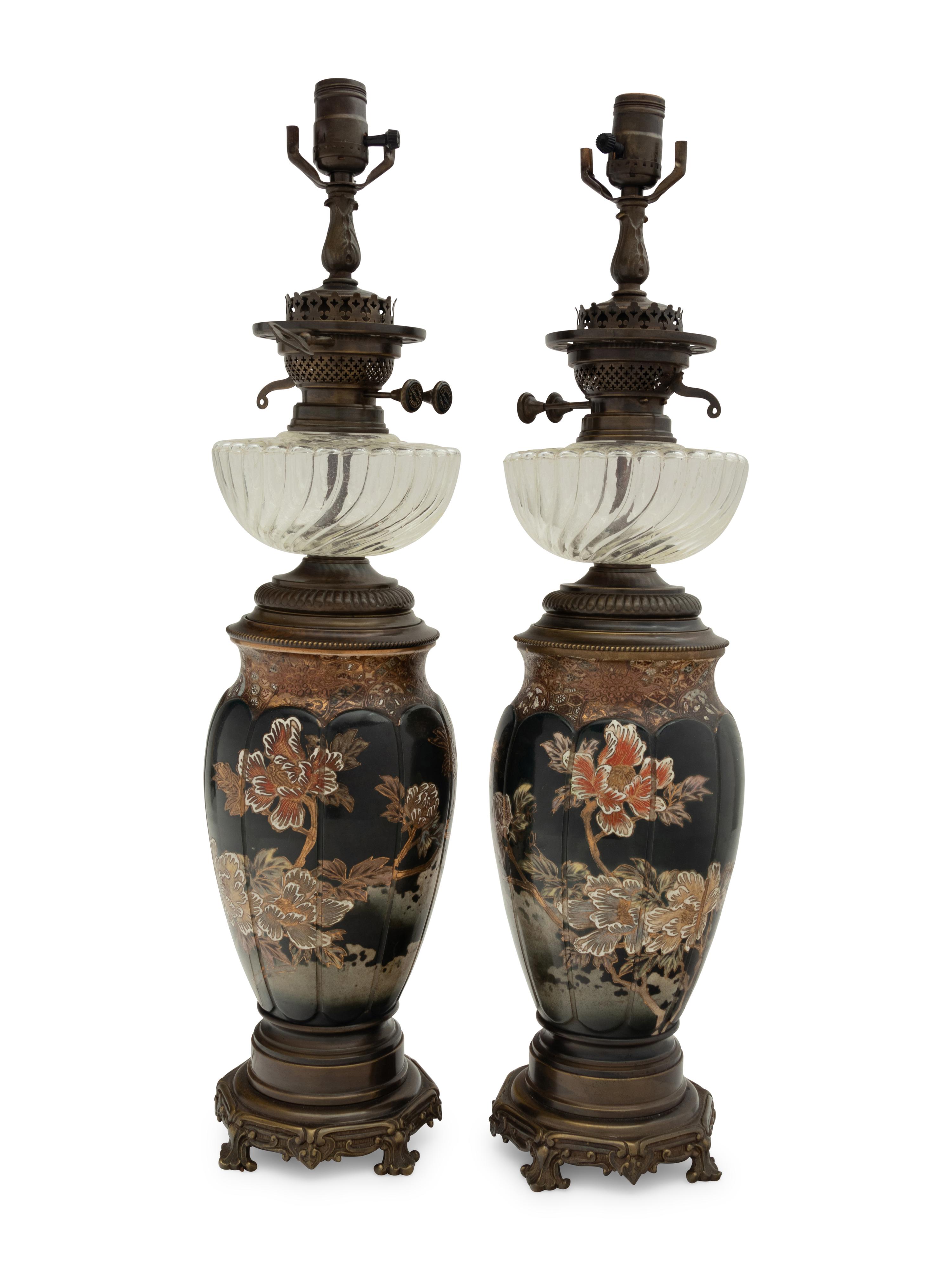 A Pair of Japanese or Continental Porcelain Fluid Lamps Converted to Electricity