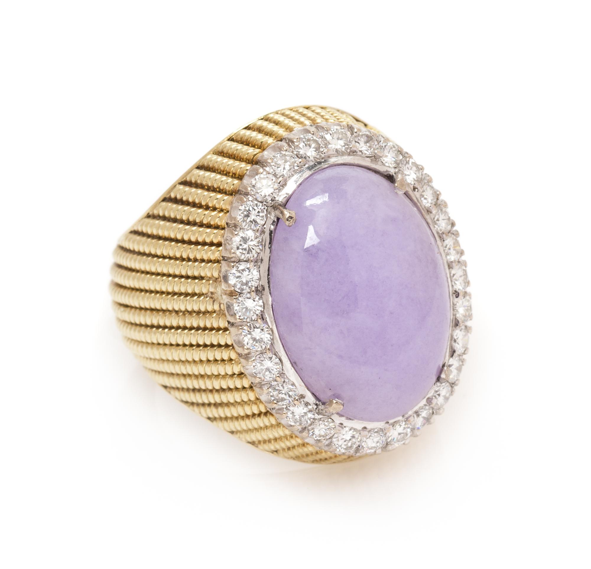 A 14 Karat Yellow Gold, Lavender Jade and Diamond Ring, 11.90 dwts.
