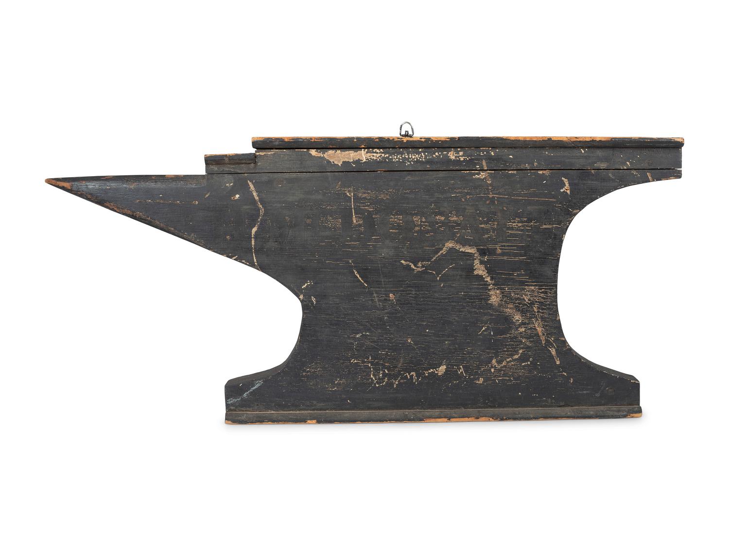 A Carved and Painted Wood Anvil-Form Blacksmith Trade Sign