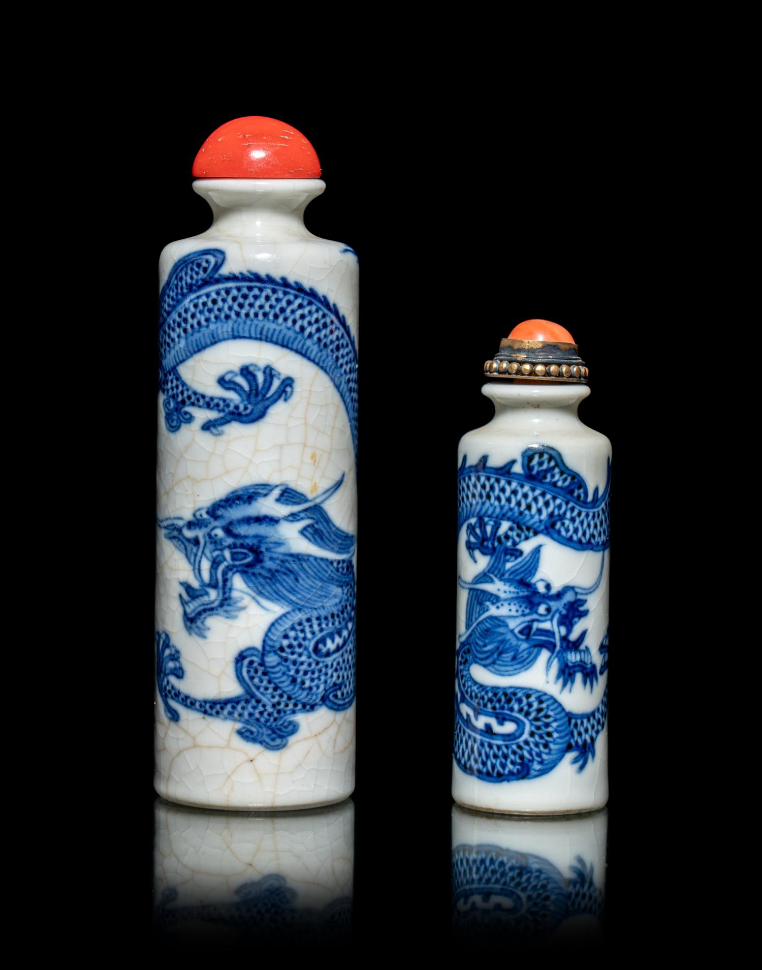 Two Chinese Blue and White Porcelain 'Dragon' Cylindrical-Form Snuff Bottles