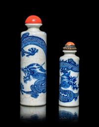Two Chinese Blue and White Porcelain 'Dragon' Cylindrical-Form Snuff Bottles