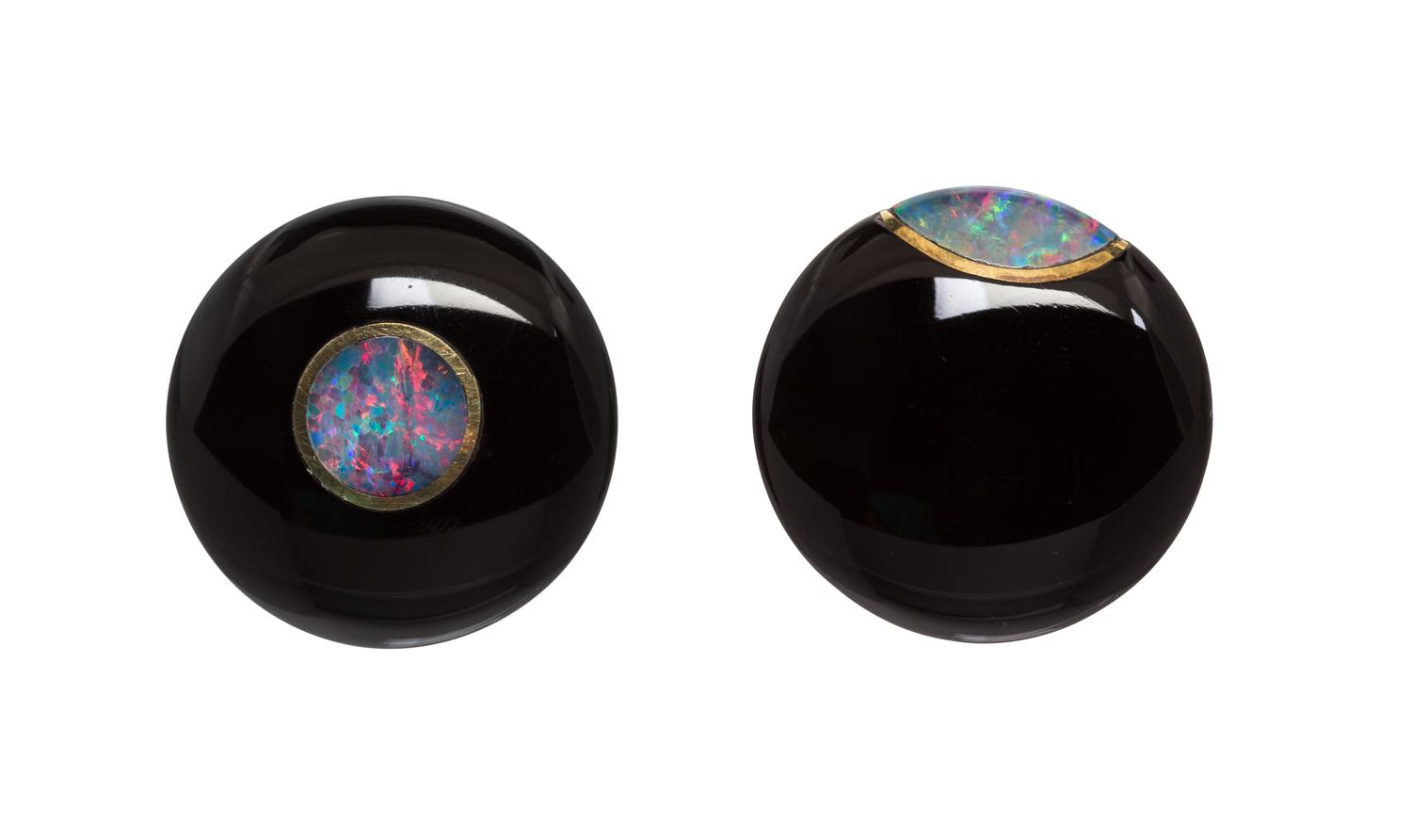 A Pair of 14 Karat Yellow Gold, Onyx and Opal Earclips, 17.10 dwts.
