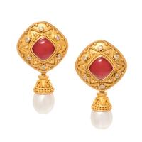 YELLOW GOLD, CORAL, DIAMOND AND CULTURED PEARL CONVERTIBLE EARCLIPS