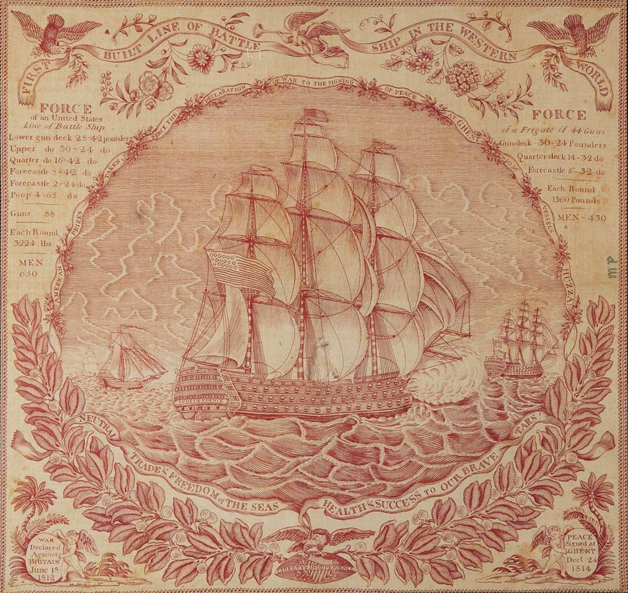 A copper-plate printed handkerchief, "First Built Line of Battle Ship in the Western World" circa 1814