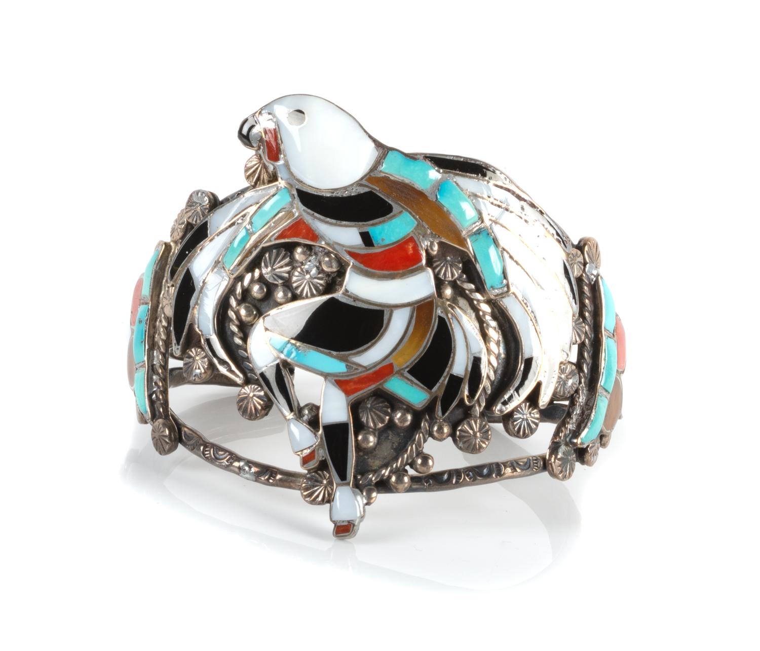 Zuni Silver and Mosaic Inlay Eagle Dancer Cuff Bracelet Length 5 1/4 x opening 1 x width 2 1/2 inches