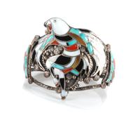 Zuni Silver and Mosaic Inlay Eagle Dancer Cuff Bracelet Length 5 1/4 x opening 1 x width 2 1/2 inches