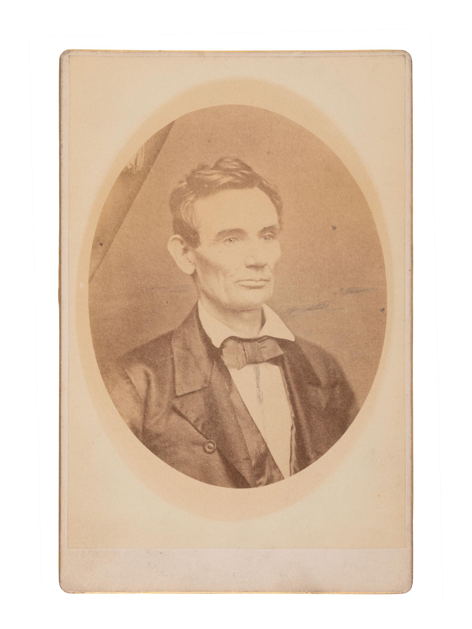 [LINCOLN, Abraham (1809-1865)]. [COLE, Roderick, photographer, attrib.]. Photograph of a beardless Lincoln. Printed ca 1887.