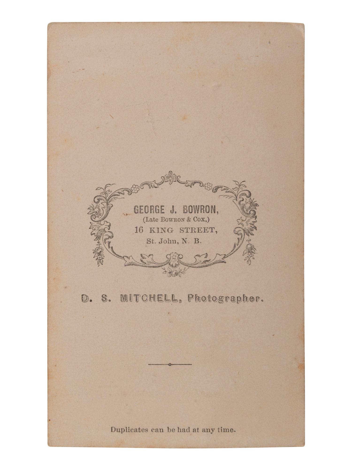 [EARLY PHOTOGRAPHY]. MITCHELL, D.S., photographer. CDV of Oliver Wendell Holmes, Jr. possibly taken during a fishing trip at Grand Lake Stream, Maine, ca May 1867. St. John, New Brunswick: George J. Bowron.