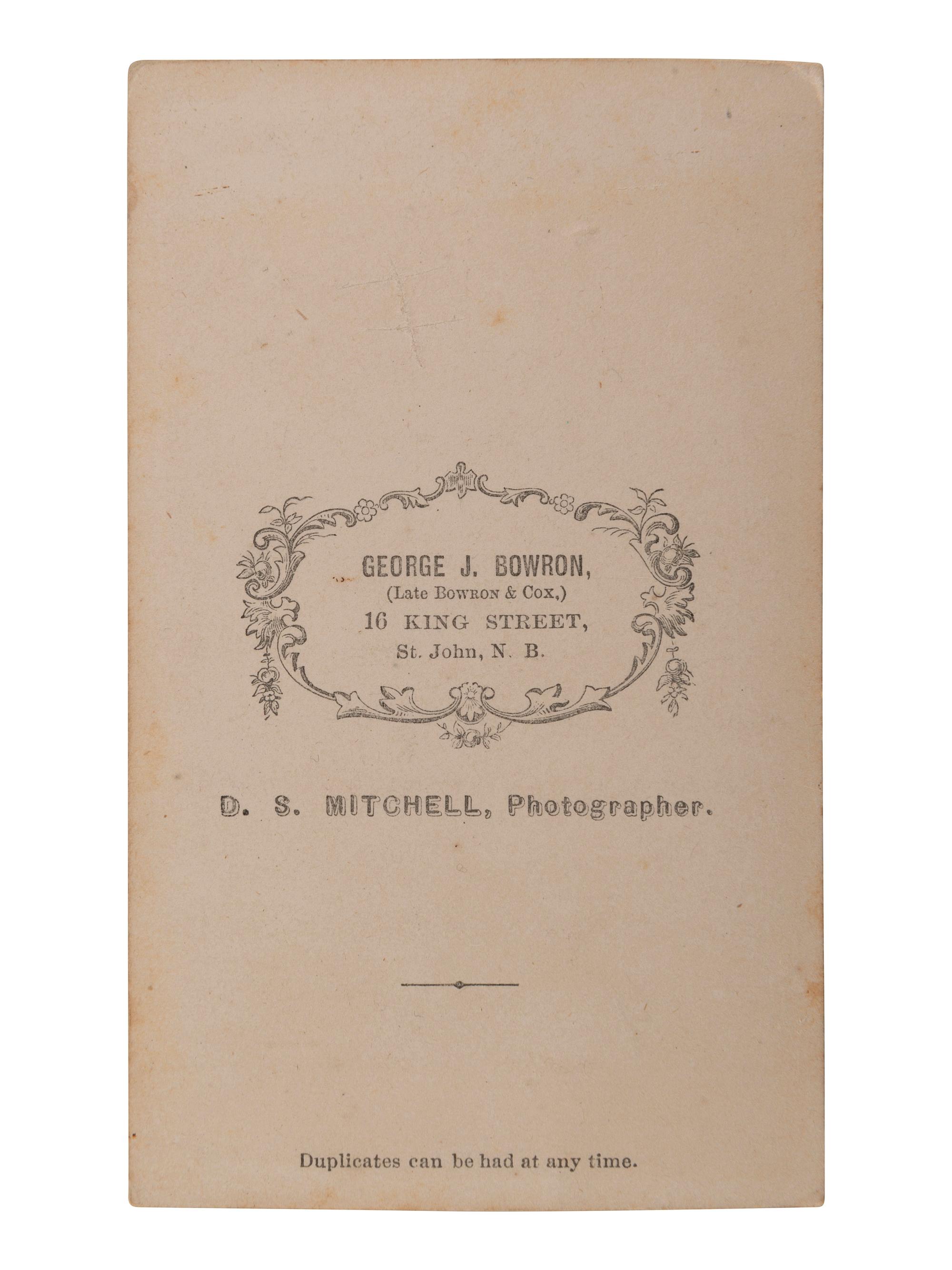 [EARLY PHOTOGRAPHY]. MITCHELL, D.S., photographer. CDV of Oliver Wendell Holmes, Jr. possibly taken during a fishing trip at Grand Lake Stream, Maine, ca May 1867. St. John, New Brunswick: George J. Bowron.