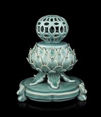 A Korean Celadon Glazed Porcelain 'Lotus' Incense Burner