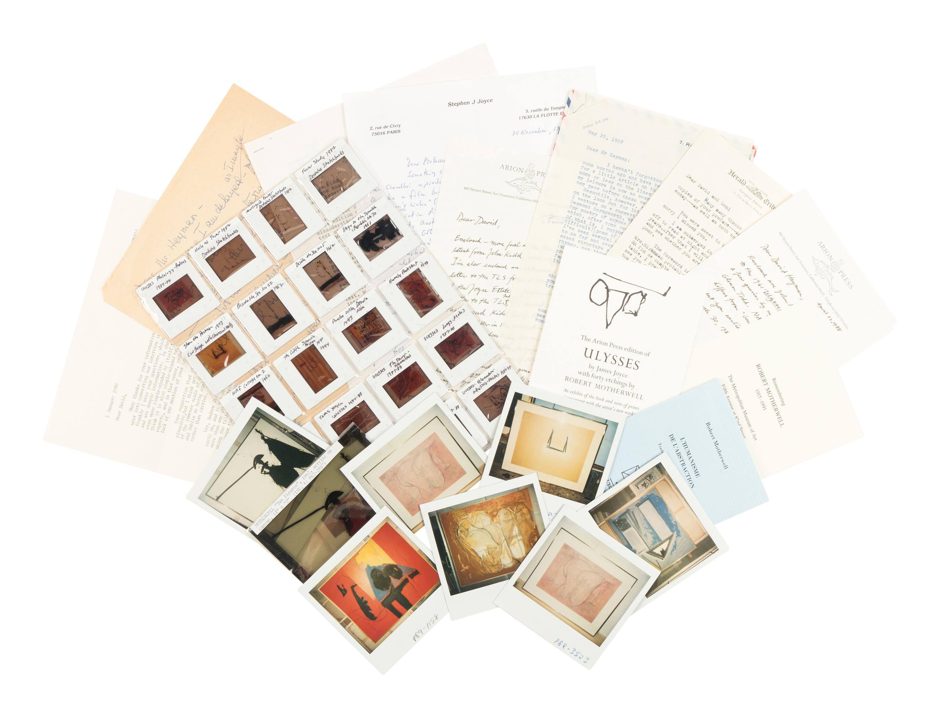 [JOYCE, James (1882-1941)]. -- [ARION PRESS]. A large archive including signed correspondence from Robert Motherwell, Stephen Joyce, Lucie Noel, Paul Gilbert, and others relating to James Joyce or the production of the Arion Press printing of Ulysses.