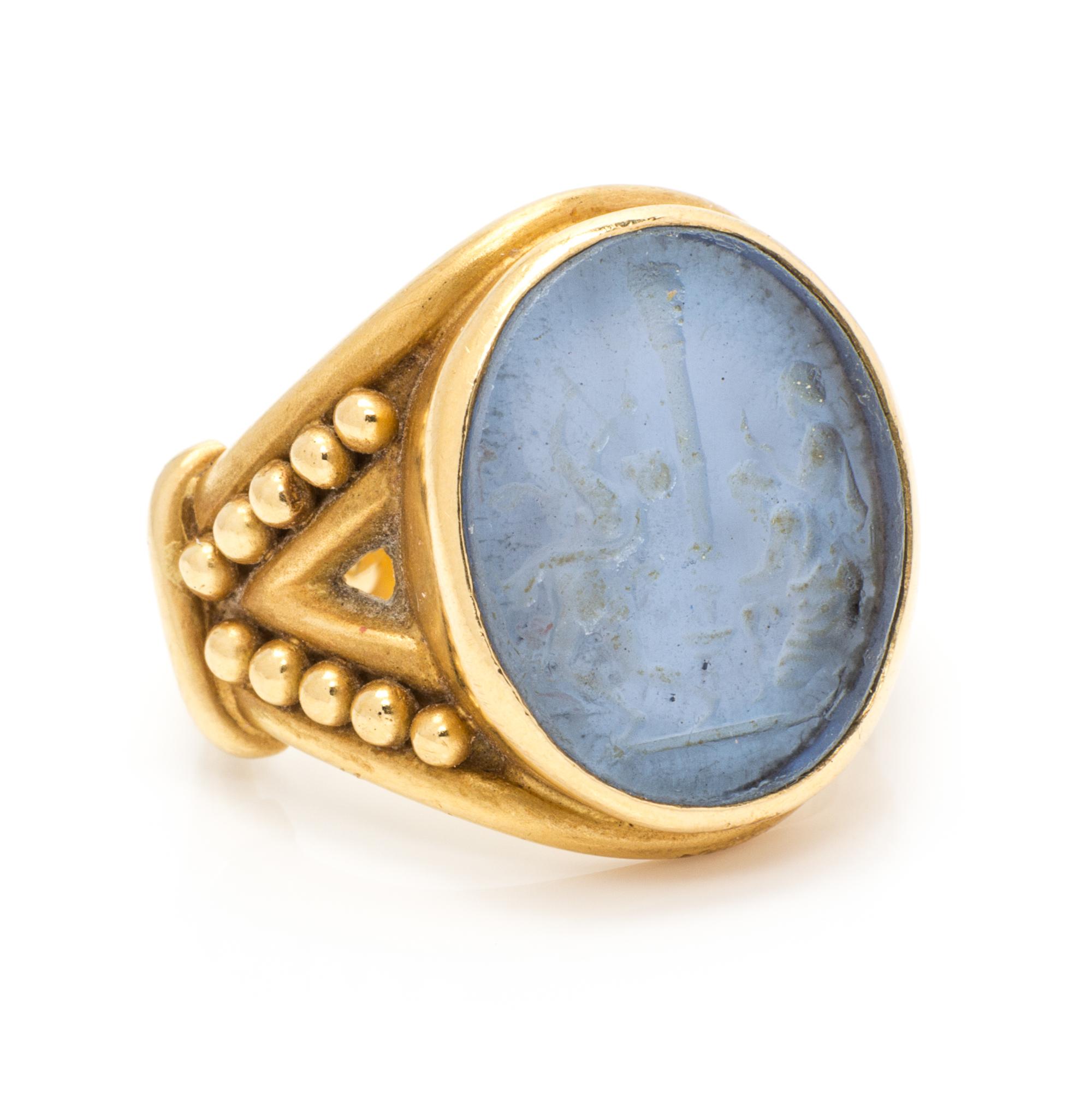 An 18 Karat Yellow Gold and Glass Intaglio Ring, Elizabeth Locke, 8.10 dwts.