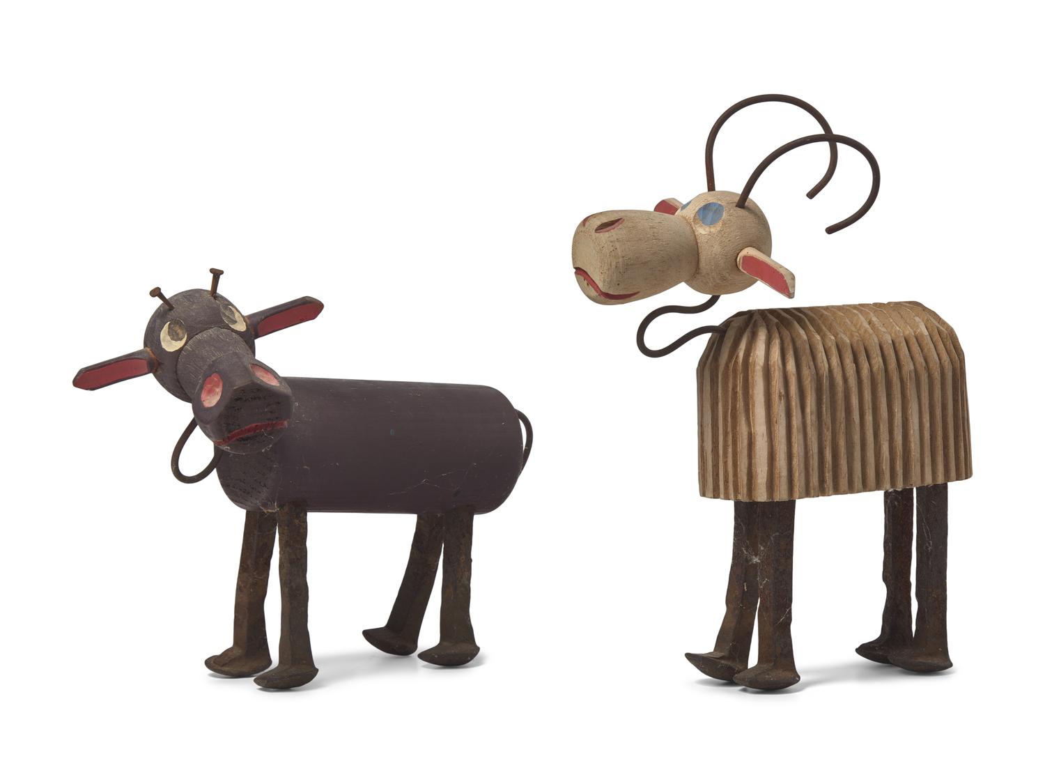 Two Carved and Painted Wood and Iron Figures of a Goat and Cow