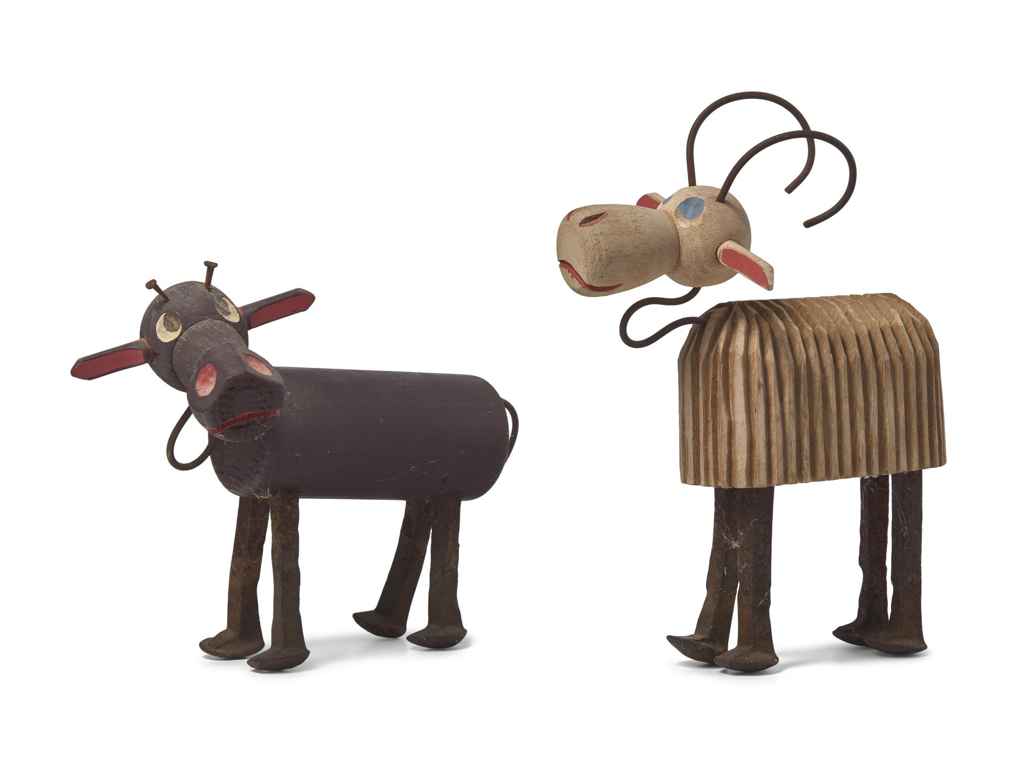 Two Carved and Painted Wood and Iron Figures of a Goat and Cow