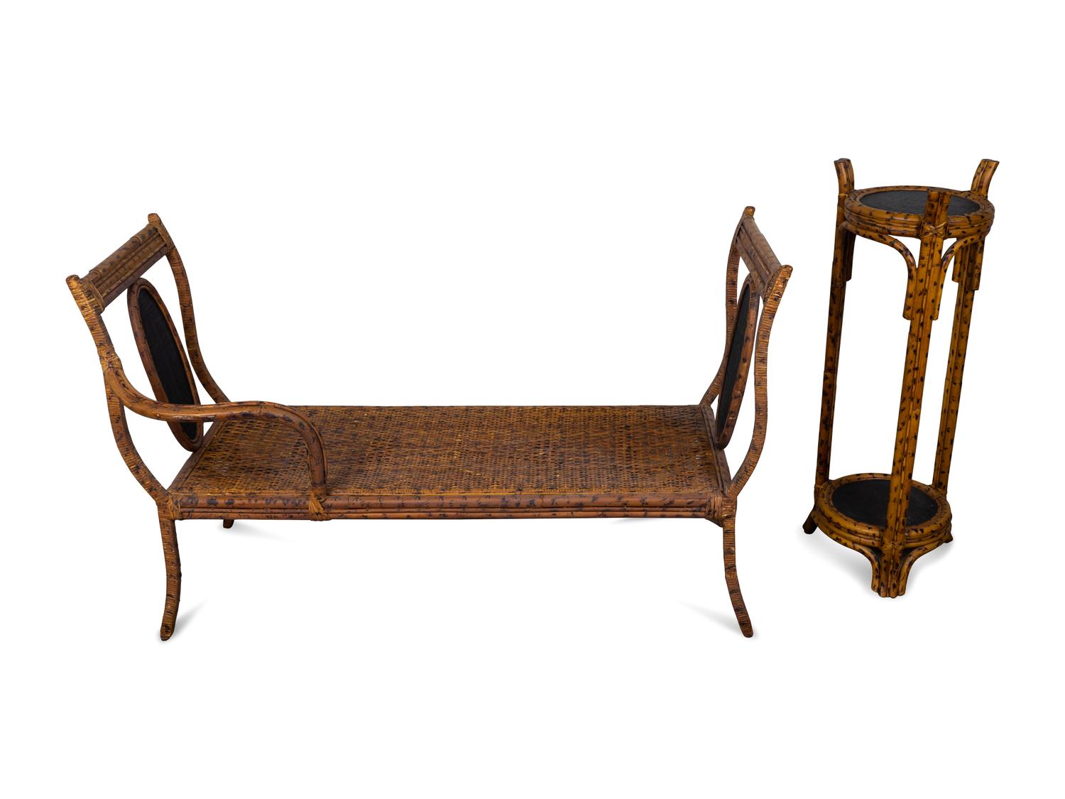 A Victorian Grain-Painted Bamboo and Cane Work Bench and Jardiniere Stand — 19TH/20TH CENTURY