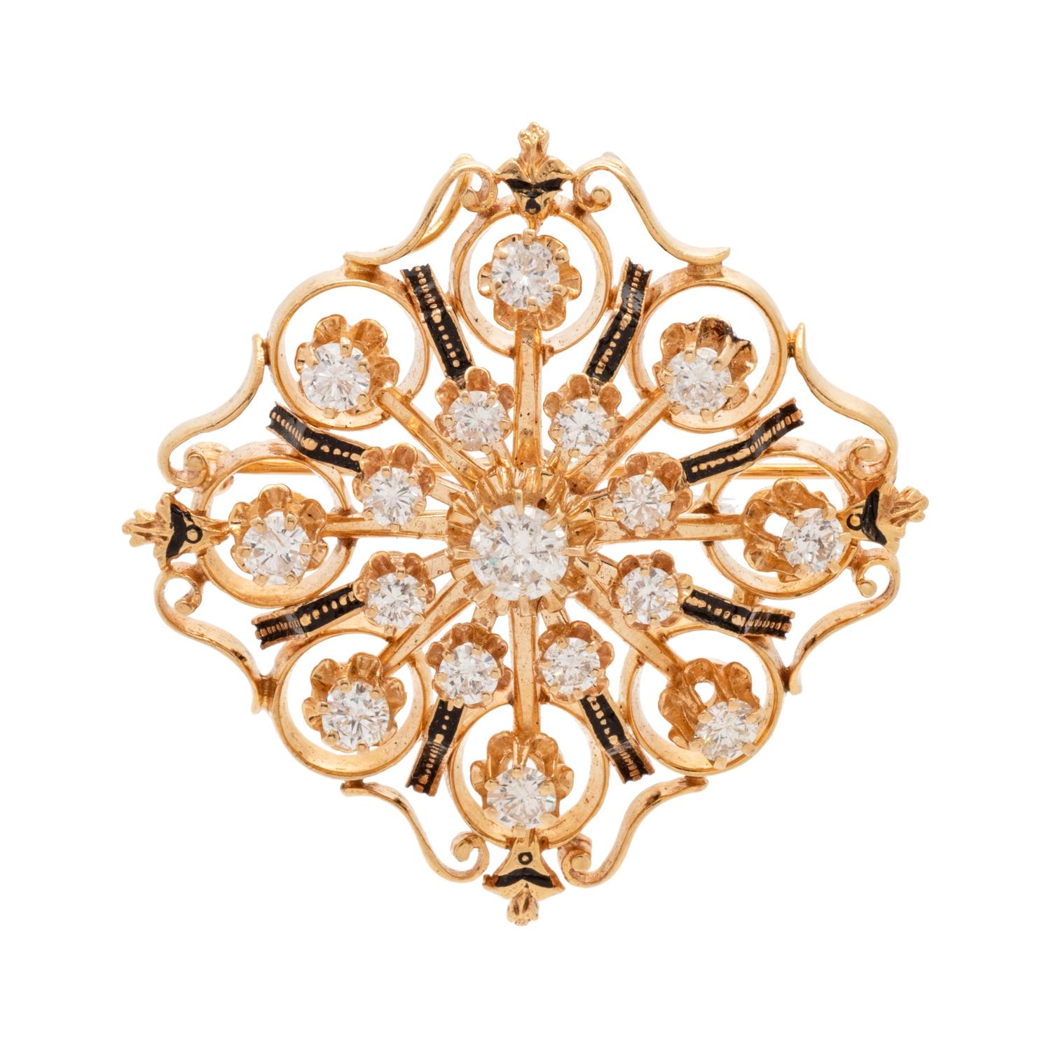 A 14 Karat Yellow Gold, Diamond and Enamel Pendant/Brooch,