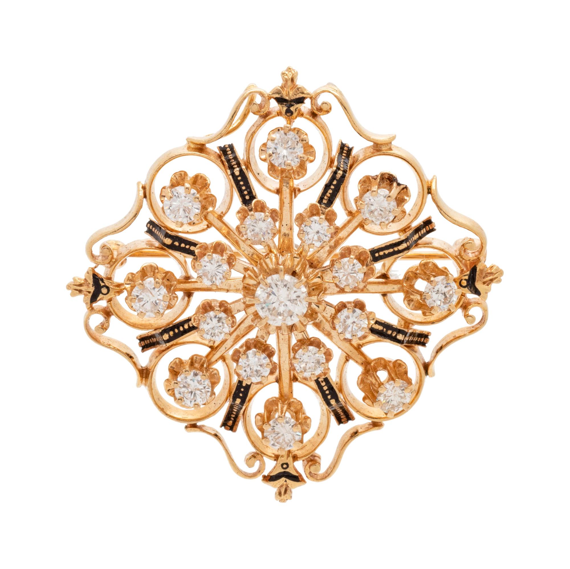 A 14 Karat Yellow Gold, Diamond and Enamel Pendant/Brooch,