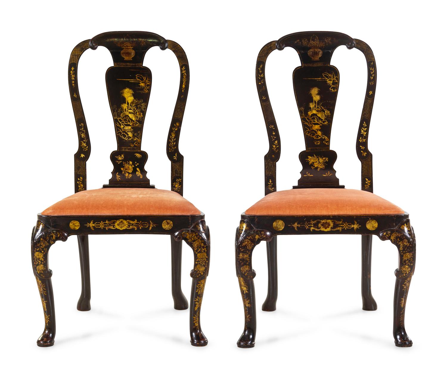 A Pair of Queen Anne Style Chinoiserie-Decorated Side Chairs