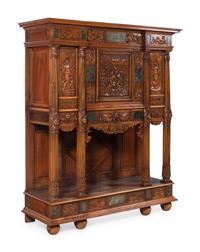 A French Renaissance Revival Carved Walnut and Marble-Inset Court Cupboard