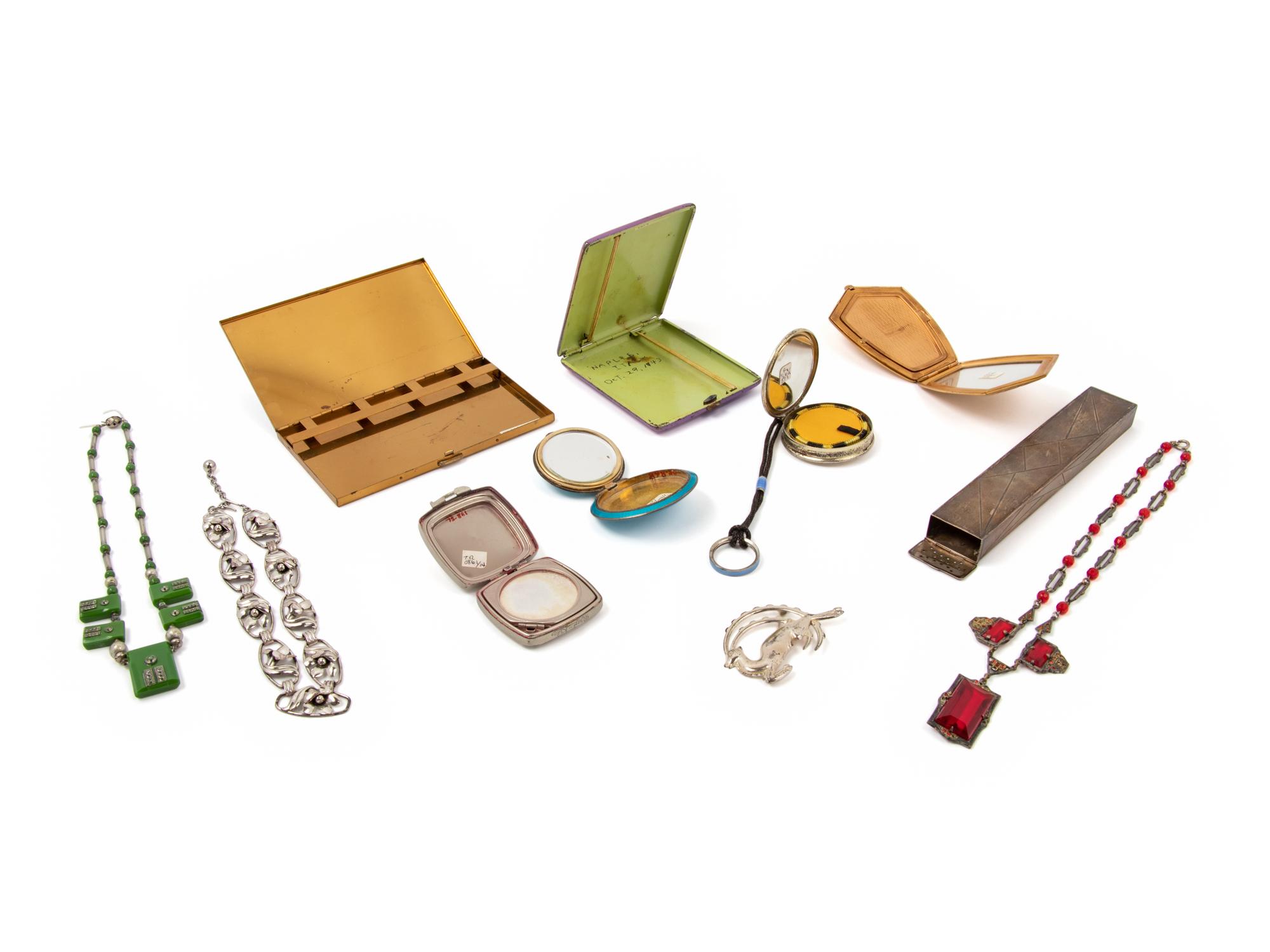 Eleven Pieces of Costume Jewelry, Cosmetics, and Smoking Accessories, 1920-40s