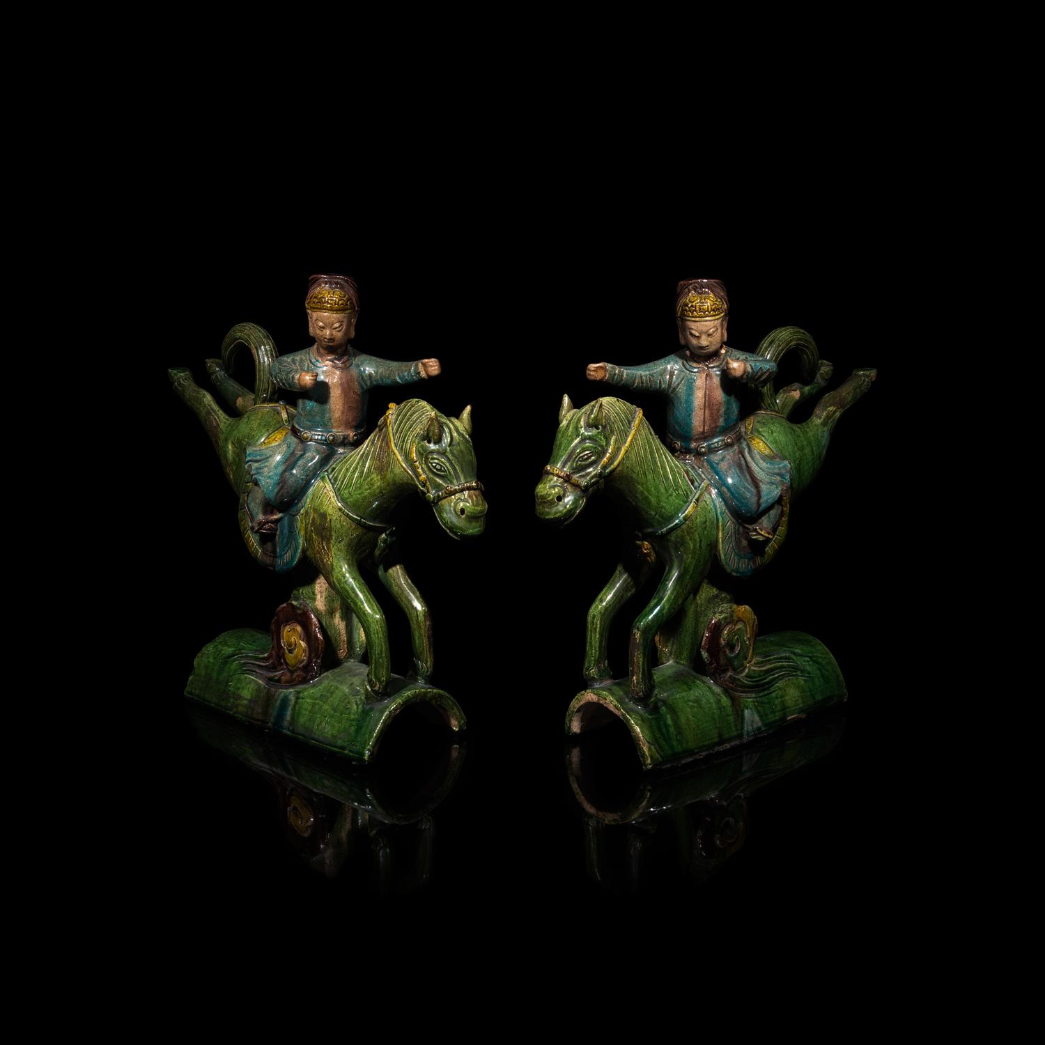 A Pair of Chinese Sancai Glazed Equestrian Ridge Tiles, Ming Dynasty 明 三彩騎馬人物瓦當一對