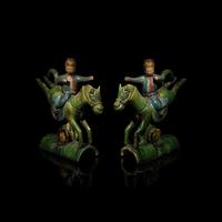 A Pair of Chinese Sancai Glazed Equestrian Ridge Tiles, Ming Dynasty 明 三彩騎馬人物瓦當一對