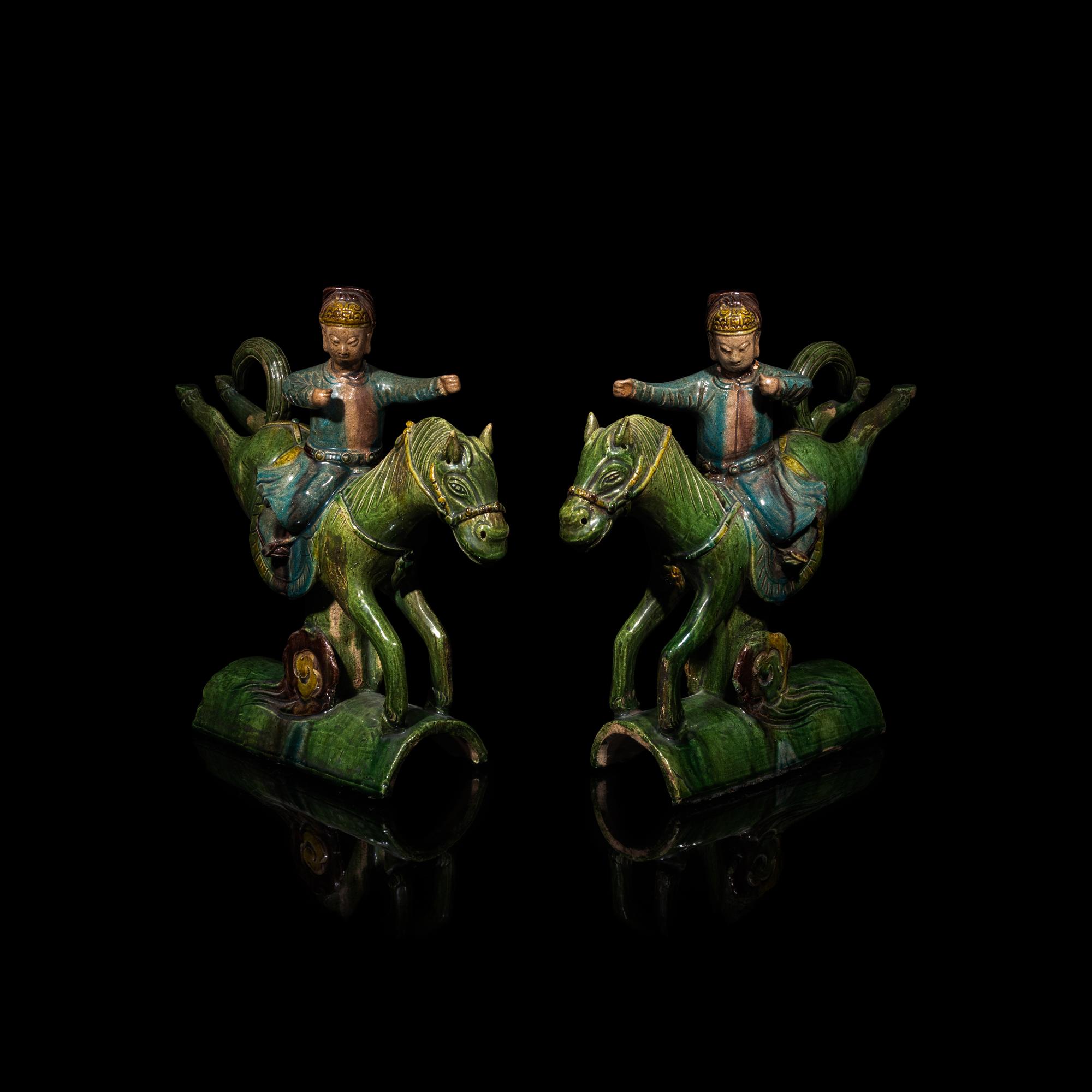 A Pair of Chinese Sancai Glazed Equestrian Ridge Tiles, Ming Dynasty 明 三彩騎馬人物瓦當一對